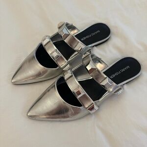 Marc Fisher Silver Metallic Mules with Decorative Buckle